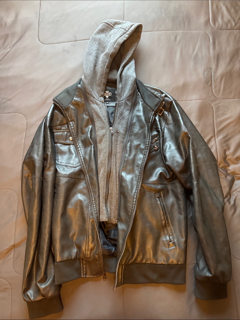 Men's Grey Faux-Leather Bomber Jacket with Attached Hooded Liner
